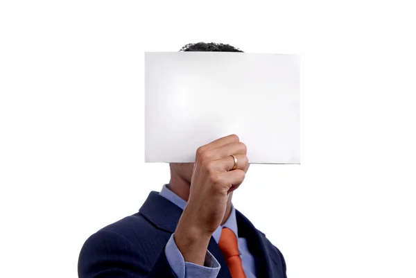 Homem Negócios Segurando Cartão Sua Cabeça — Fotografia de Stock
