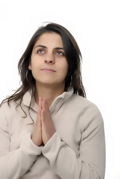 Young Girl Praying White Background — Stock Photo, Image