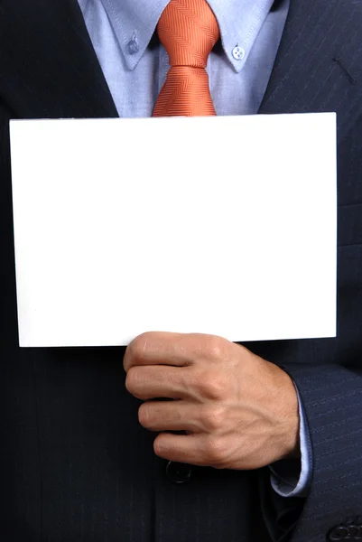 Homem Negócios Segurando Cartão Seu Peito — Fotografia de Stock