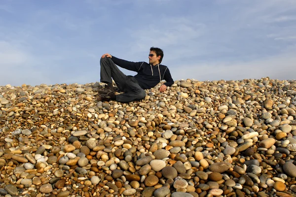 Young Casual Man Beach Stones — Stock Photo, Image