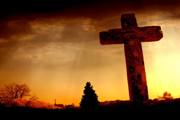 Хрест Силует Хмари Заході Сонця — стокове фото