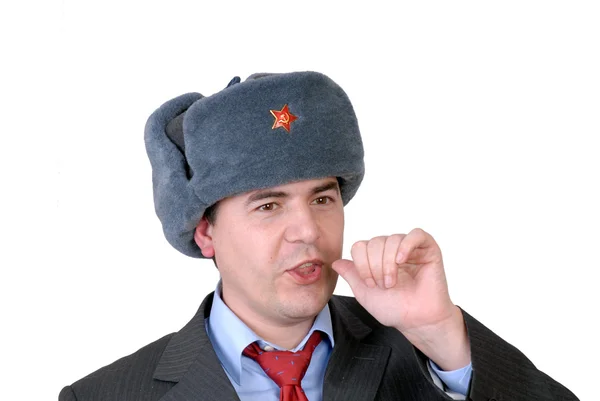 Young Business Man Portrait Russian Hat — Stock Photo, Image