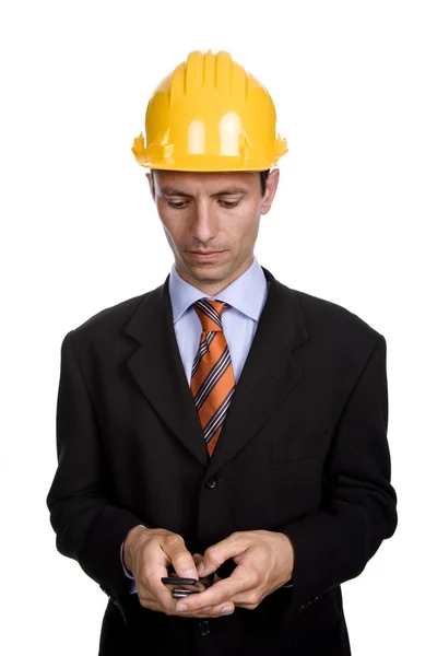 Bir Mühendis Beyaz Izole Sarı Şapkalı — Stok fotoğraf