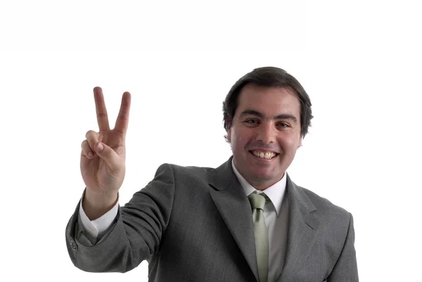 Young Businessman Showing Two Fingers Isolated White — Stock Photo, Image