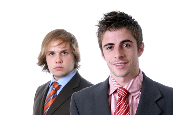 Два Молодых Бизнесмена Портрет Белом Фокусироваться Правильном Человеке — стоковое фото