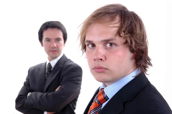 Dois Jovens Homens Negócios Retratam Branco Concentrar Homem Certo — Fotografia de Stock