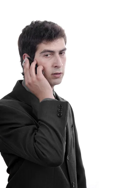 白い背景で電話の若い男 — ストック写真