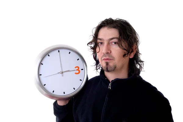 Retrato Homem Com Relógio Isolado Branco — Fotografia de Stock