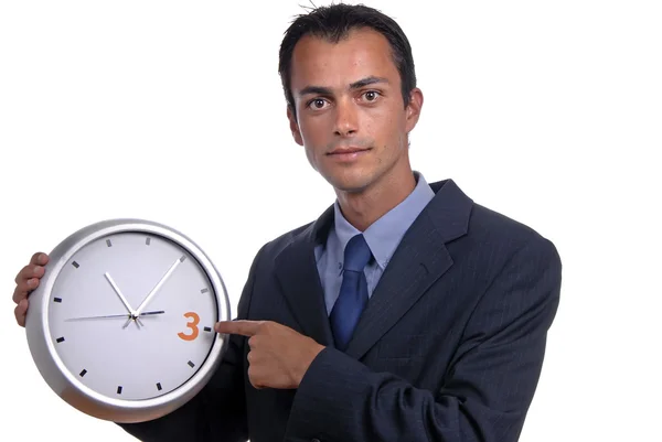 Joven Hombre Negocios Guapo Sosteniendo Reloj — Foto de Stock