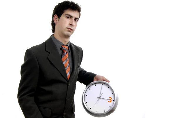 Młody Przystojny Biznesmen Posiadania Zegar — Zdjęcie stockowe