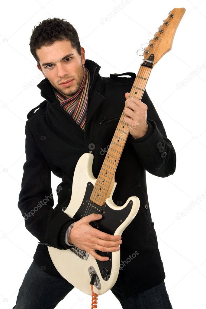 Young guitar man isolated on white background
