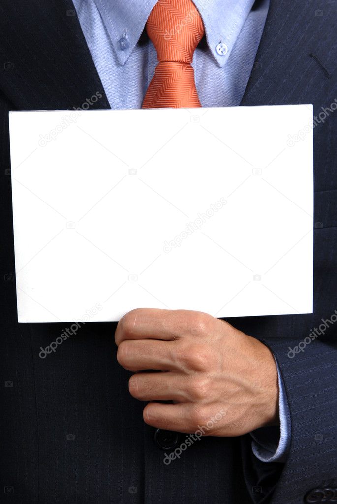 Business man holding a card in his chest