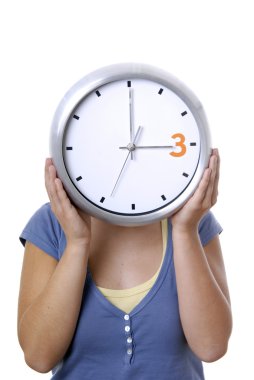 Woman with a clock covering her head clipart