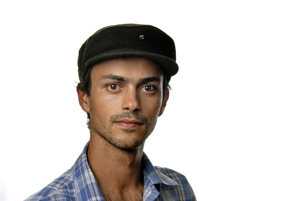 Retrato Hombre Casual Con Sombrero Fondo Blanco — Foto de Stock