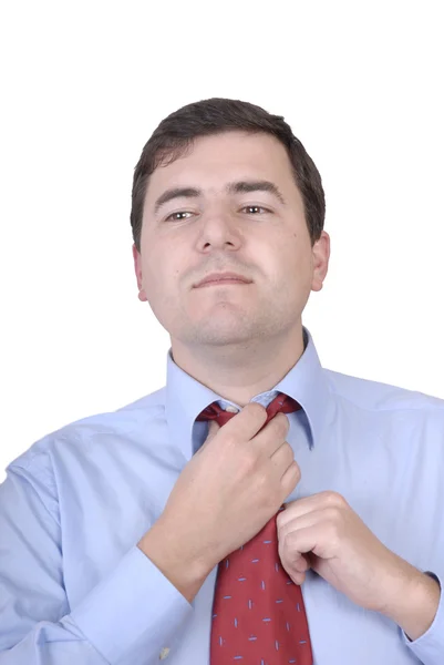 Homem Negócios Ajustando Sua Gravata Isolada Branco — Fotografia de Stock
