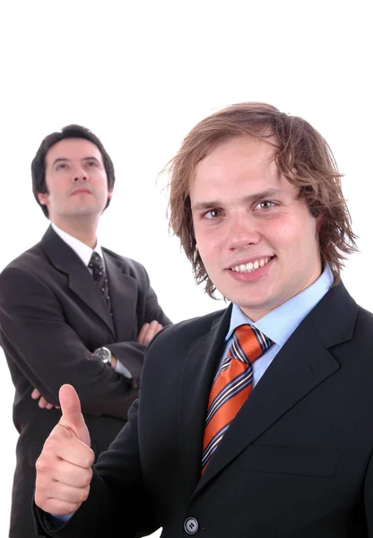 Zwei Junge Geschäftsleute Porträt Auf Weiß Fokus Auf Den Richtigen — Stockfoto