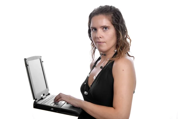 Kobieta Młody Biznes Jej Laptop — Zdjęcie stockowe
