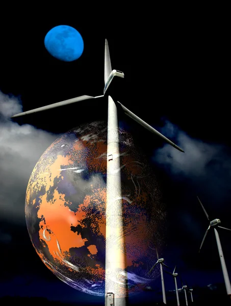 stock image Illustration of a concept of the future, the need of wind turbines