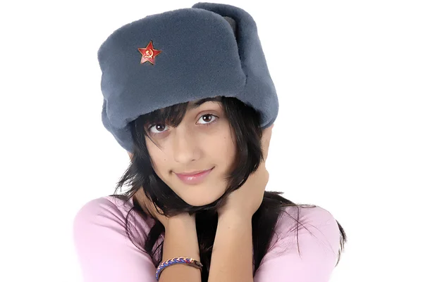 Mladá Dívka Portrétem Ruského Klobouk — Stock fotografie