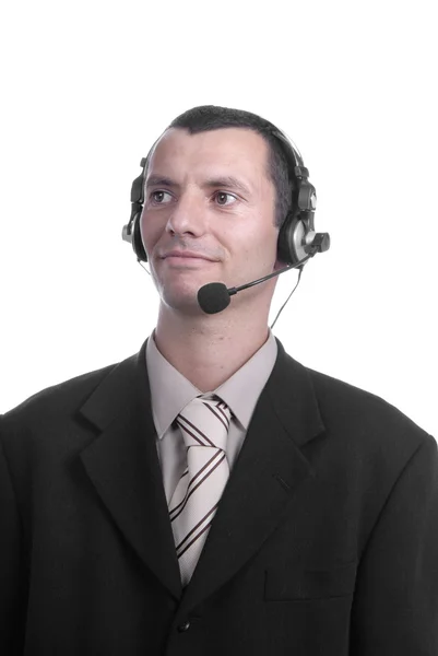 Jonge Call Center Man Praat Door Telefoon — Stockfoto