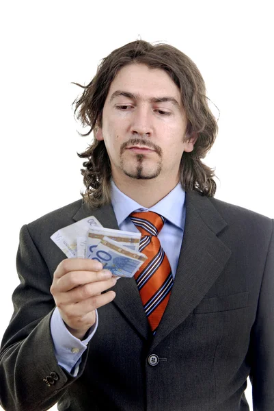 Obchodní Muž Drží Peníze Izolované Bílém — Stock fotografie