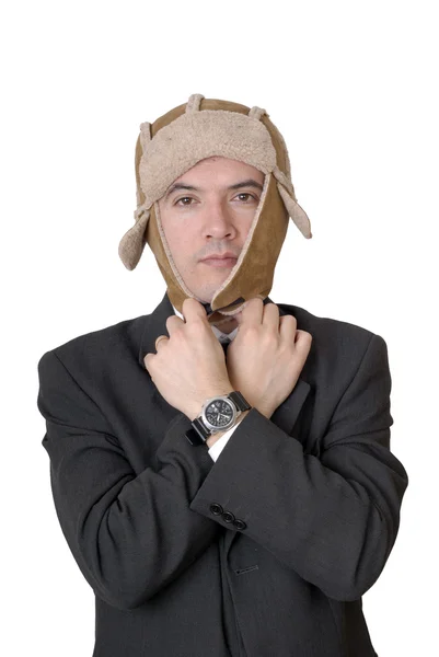 Ung Man Stående Med Konstig Hatt Isolerad Vit — Stockfoto