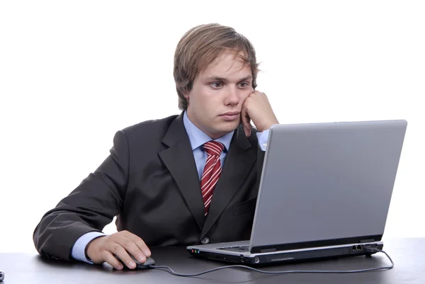 Młody Biznes Znudzony Człowiek Pracy Jest Laptop — Zdjęcie stockowe