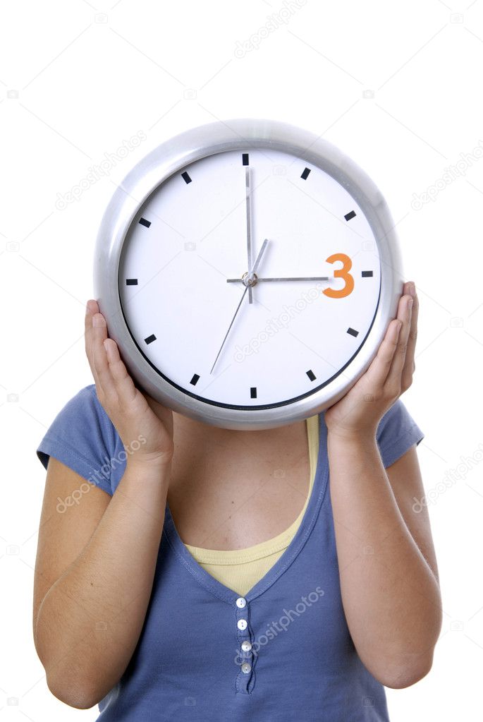 Woman with a clock covering her head