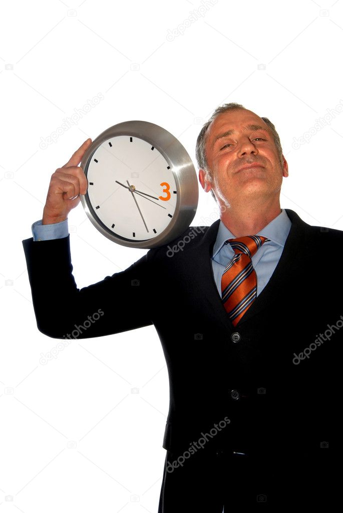 Business man with a clock isolated on white