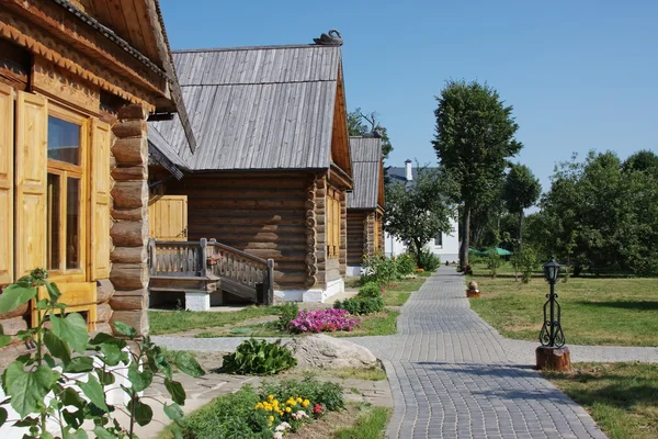 Rurale landschap met mooie houten huizen — Stockfoto