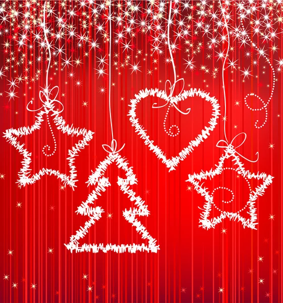 Різдвяний червоний іскровий фон з деревом, зіркою, серцем — стоковий вектор