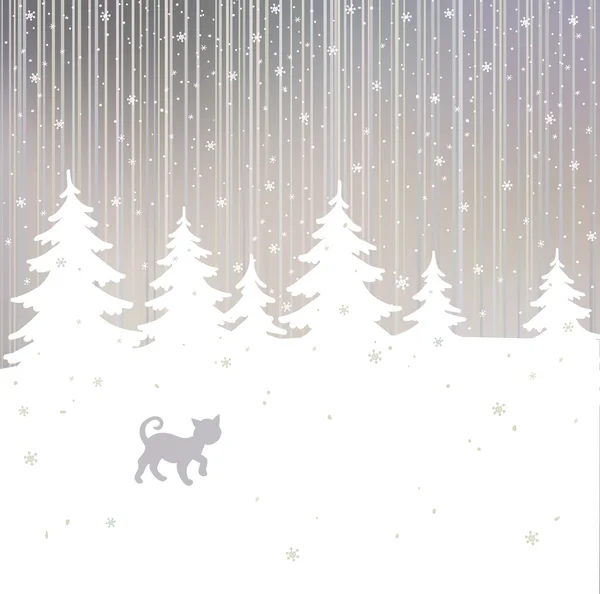 Vector christmas background with cat and winter tree — Stock Vector