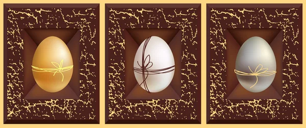 3d vector huevos, oro blanco plata y grunge marco marrón — Vector de stock