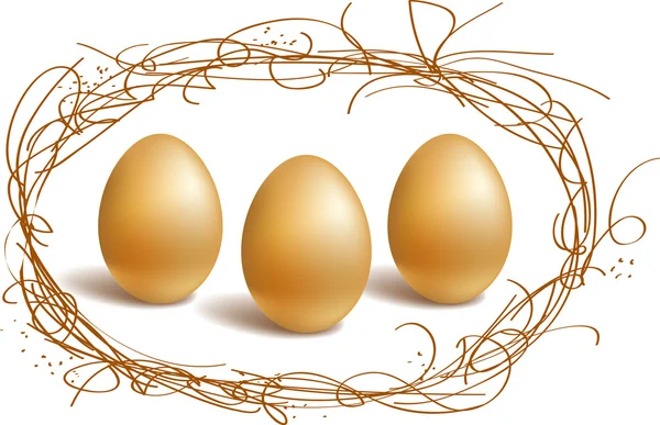 Ovos de ouro na moldura do ninho —  Vetores de Stock