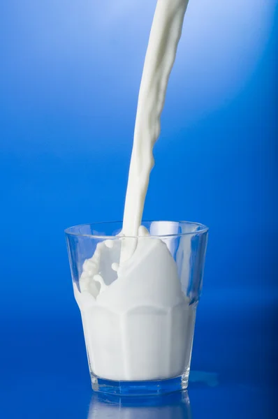 Derramando leite sobre fundo azul — Fotografia de Stock