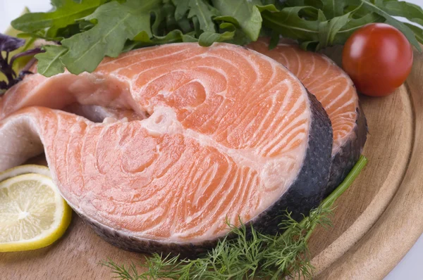 Raw Salmon Steak Herbs Vegetables Close — Stock Photo, Image