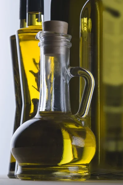 Olive Oil Bottle Still Life Light Background Focus Foreground — Stock Photo, Image