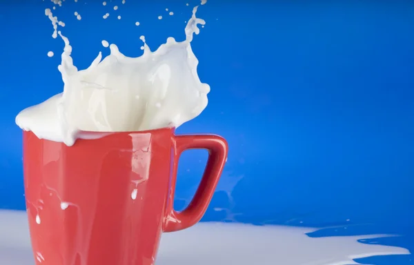 Milk splash out of red cup — Stock Photo, Image