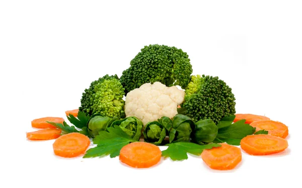 Composição dos produtos hortícolas (brócolis, couve-flor, couve-flor de Bruxelas) — Fotografia de Stock