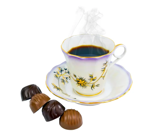 Coffee and chocolate on a white background — Stock Photo, Image