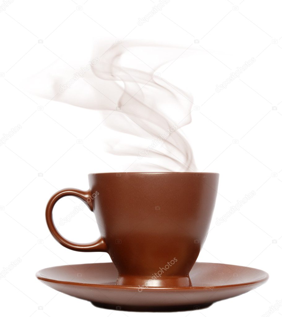 The perfect brown cup with steaming coffee on a white background