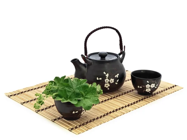 Mesa Que Serve Para Cerimônia Chá Chinês Tapete Bambu Sobre — Fotografia de Stock