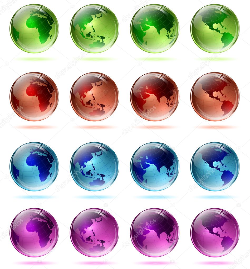 World multicolored glossy globe (map used from NASA public domain http://earthobservatory.nasa.gov/GlobalMaps) set