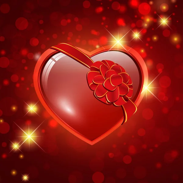 Coração Vermelho Com Fita Arco Sobre Férias Fundo Vermelho Com — Fotografia de Stock