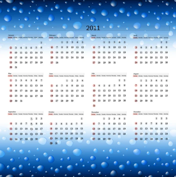 Горизонтальный Шаблон Календаря 2011 Года Мокром Фоне — стоковый вектор