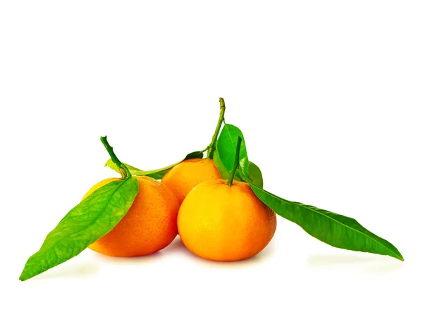 Tres Mandarinas Con Hojas Verdes Sobre Blanco — Foto de Stock