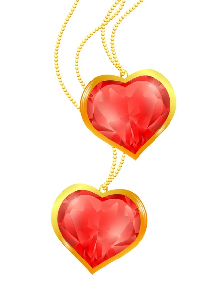 Deux Cœurs Rubis Chaîne Dorée Sur Blanc — Image vectorielle