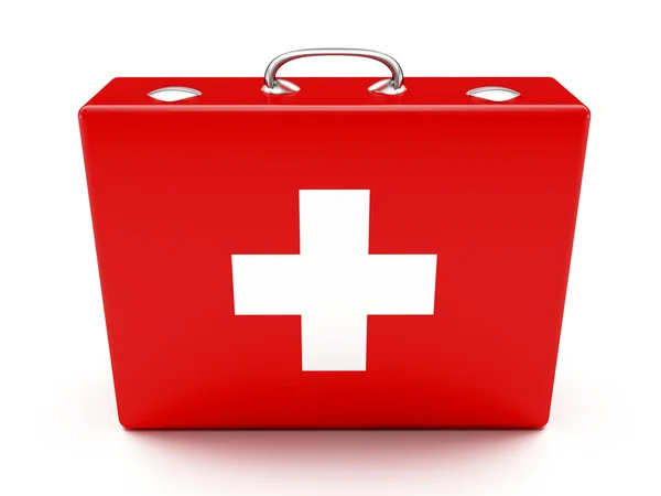 Kit Primeiros Socorros Mala Vermelha Isolada Fundo Branco — Fotografia de Stock