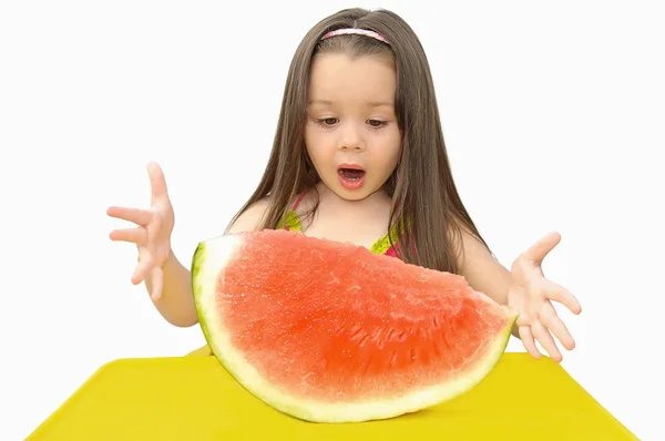 Girl Portion Watermelon His Hands Isolated White Background — Stock Photo, Image