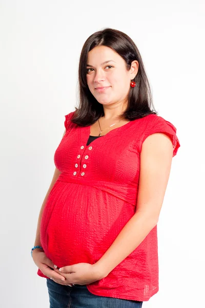 Mooie Zwangere Vrouw Staing Licht Grijze Achtergrond — Stockfoto
